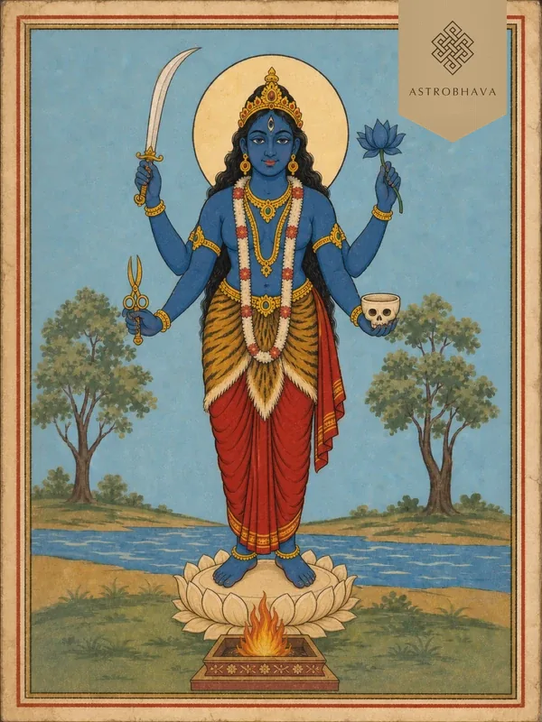 Vintage devotional illustration of blue-complexioned Mahavidya Goddess Tara holding a sword, ritual scissors, blue lotus and kapala cup behind a Homa altar