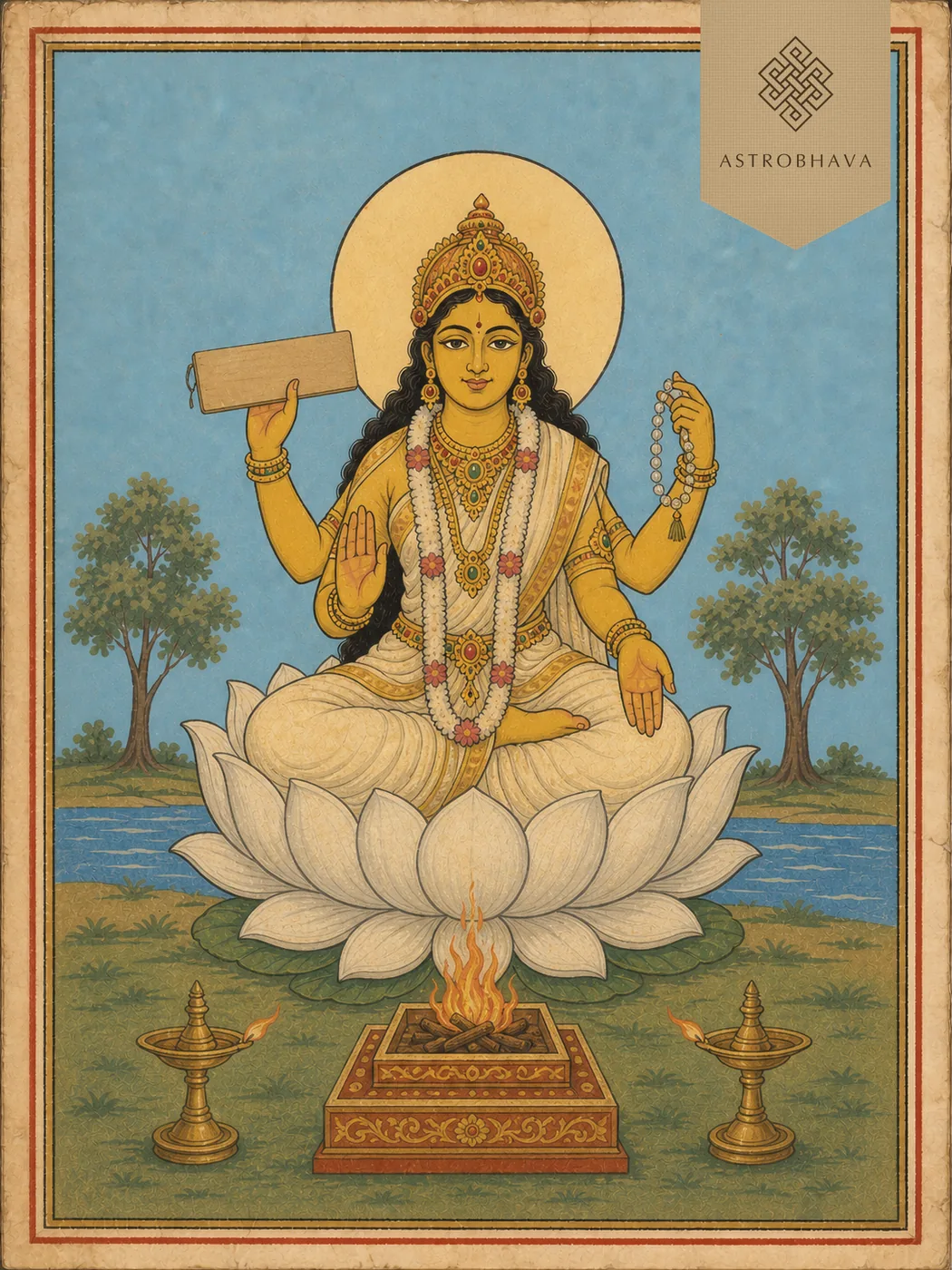 Vintage devotional illustration of four-armed Goddess Vidya Lakshmi with blank manuscript and crystal rosary