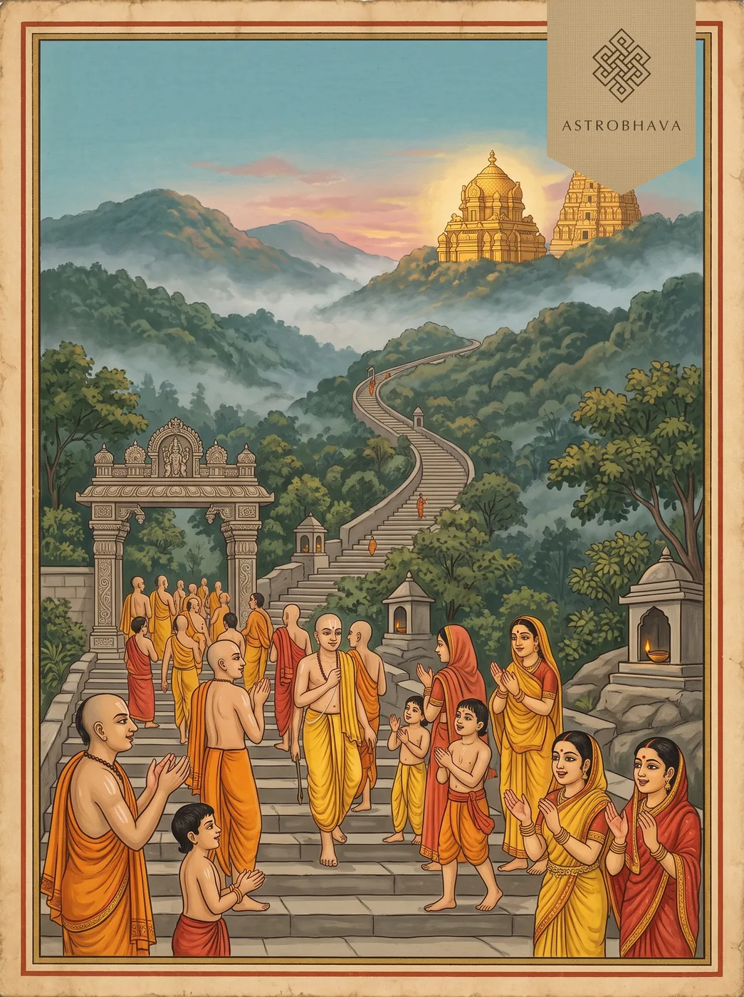 Govinda Namalu: pilgrims climbing the stone steps of the Tirumala hills at sunrise toward the golden temple