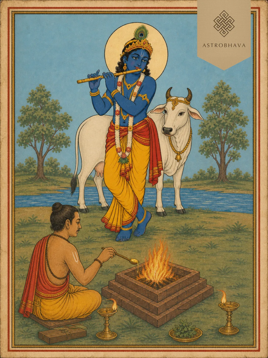Vintage devotional illustration of Lord Govinda playing the flute beside one white cow for Govindashtakam Homa