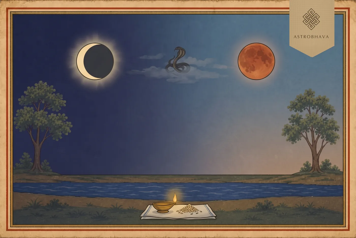 Grahan Timing — Chandra Grahan and Surya Grahan: the Sun eclipsed to a crescent and the Moon turned copper-red, with Rahu in the clouds between them