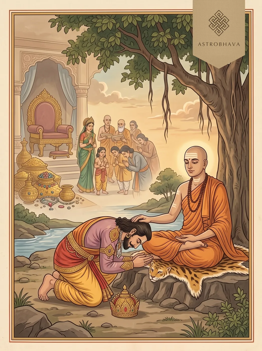 Guru Ashtakam: a king leaving his throne, treasure and court behind to lay his head at the feet of his guru