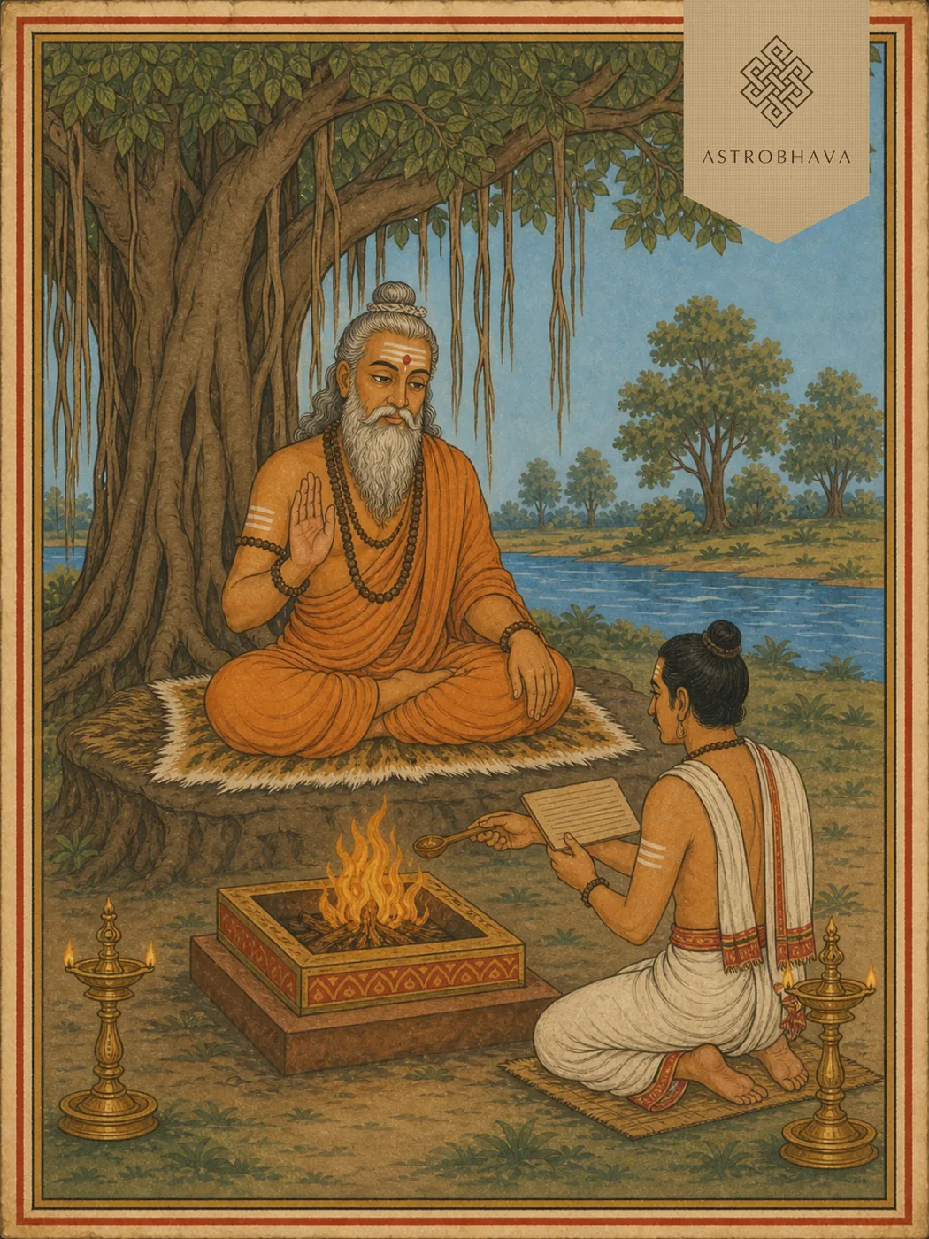 Vintage devotional illustration of a Vedic guru beneath a banyan tree with a palm-leaf manuscript for Guru Ashtakam Homa