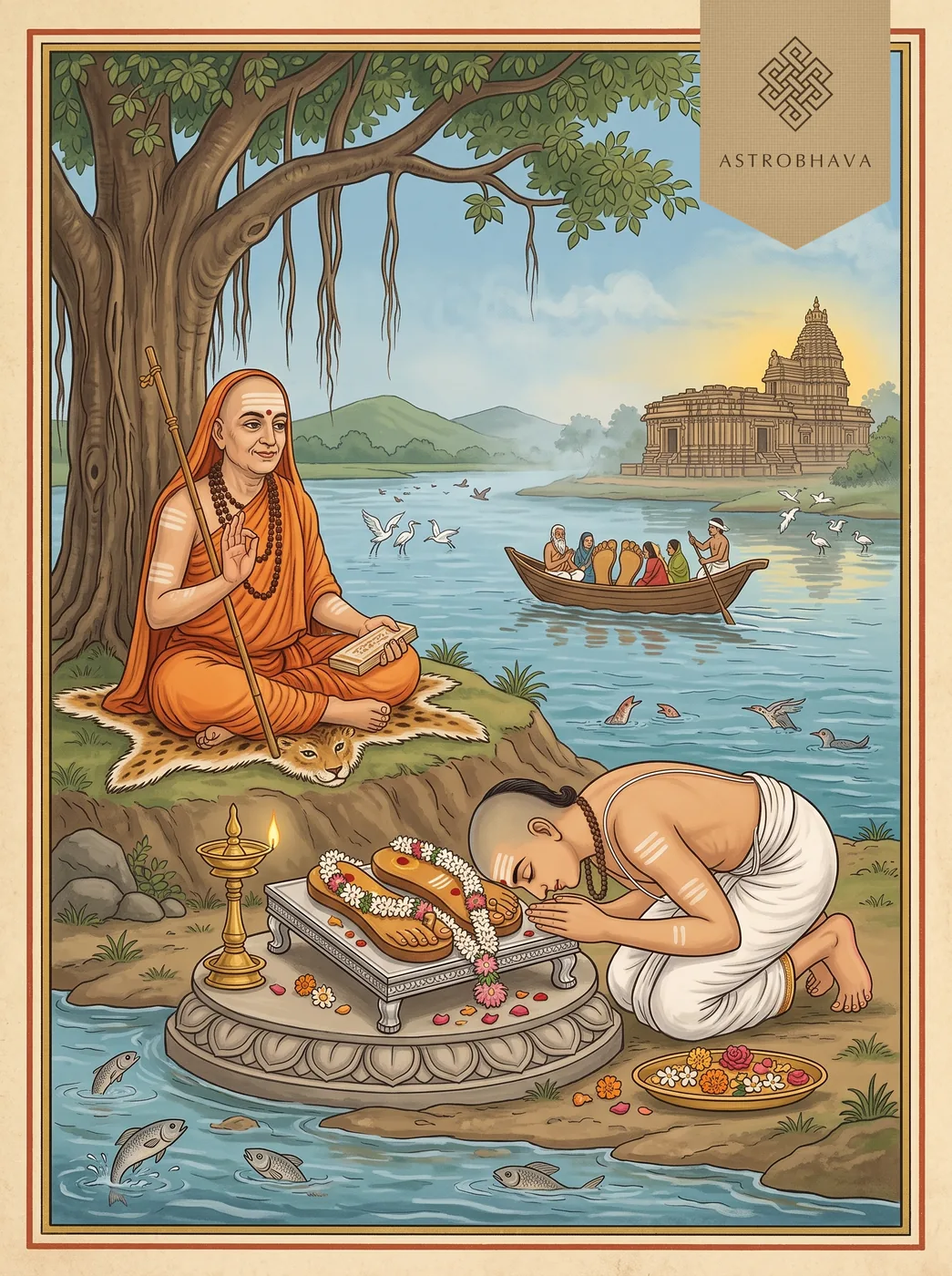Guru Paduka Stotram: a disciple bowing to his guru's wooden sandals by the Tunga river as a boat crosses to the far bank