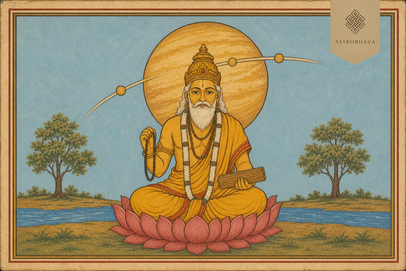 Vintage Indian devotional illustration of Brihaspati with Jupiter and a measured Guru Peyarchi transit arc