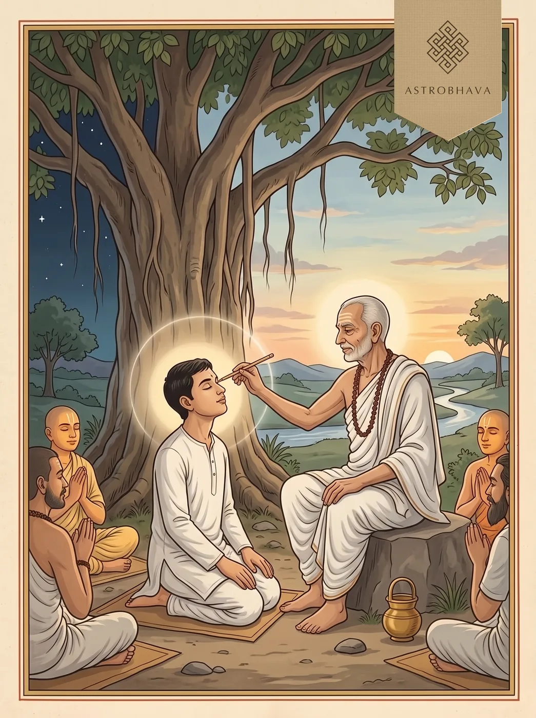 Guru Stotram: a guru touching a kneeling disciple's closed eyes with the golden salve of knowledge as night gives way to dawn