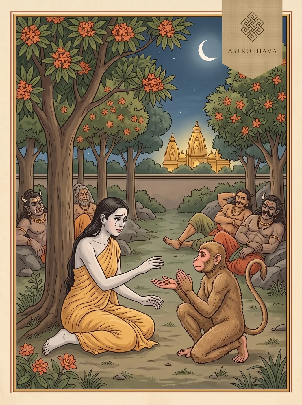 Hanuman Ashtottara Shatanamavali: Hanuman kneeling before Sita in the Ashoka grove of Lanka to give her Rama's signet ring