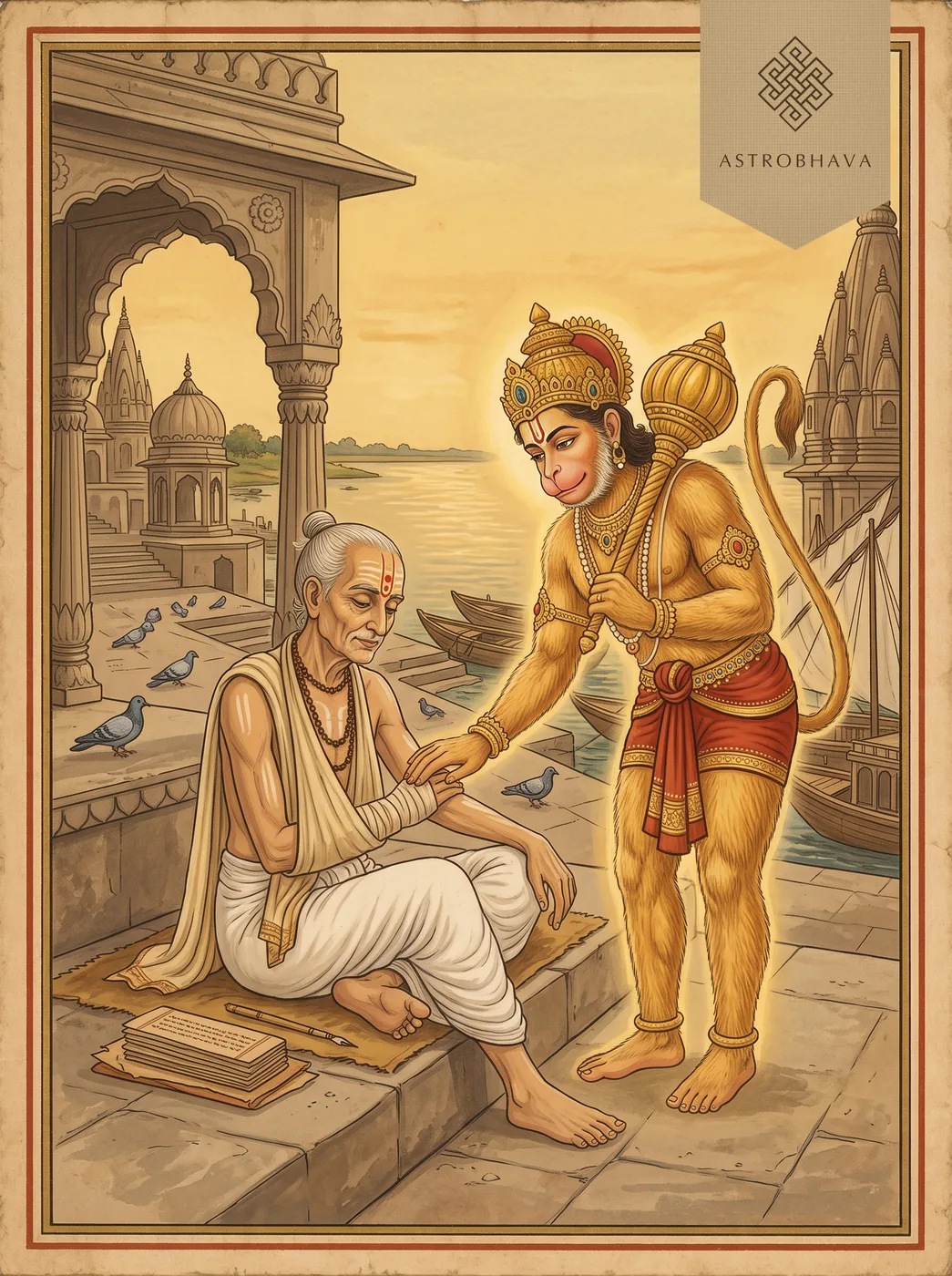Hanuman Bahuk: Hanuman laying a healing hand on the aged Tulsidas's aching arm on a Varanasi ghat
