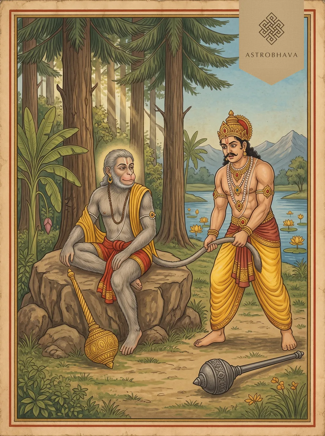 Hanuman Dwadasha Nama Stotram (12 Names of Hanuman): Hanuman on a forest path as Bhima fails to lift his tail