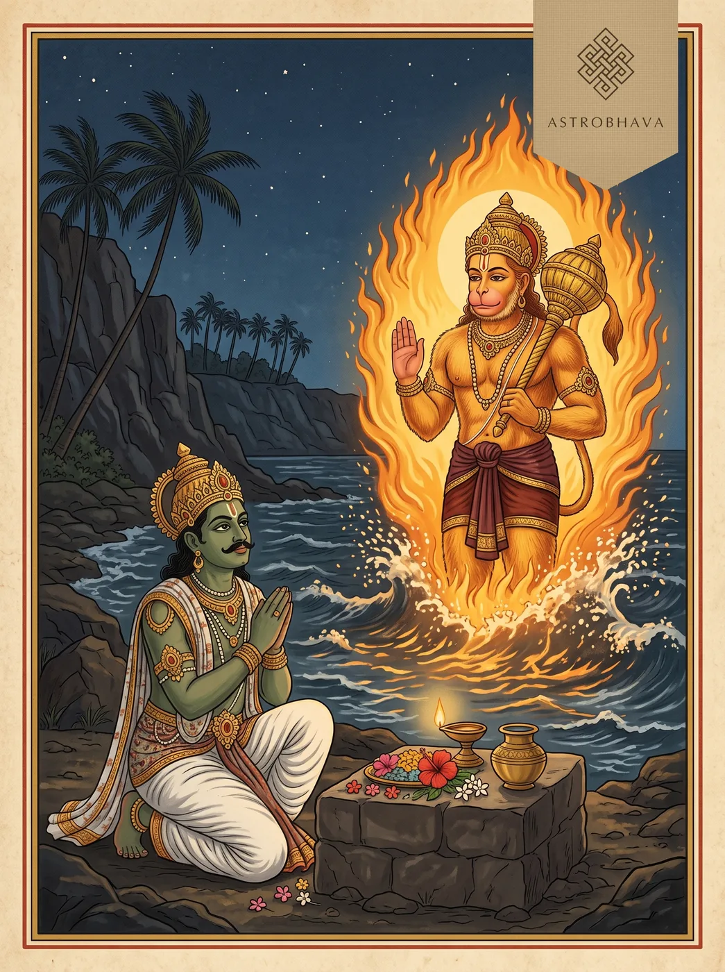 Hanuman Vadvanal Stotra: Vibhishana praying on the Lanka shore as Hanuman rises from the sea in a halo of fire