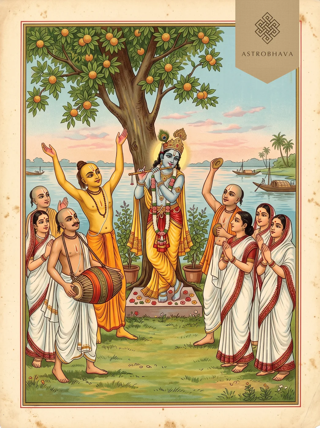 Hare Krishna Maha Mantra: devotees in sankirtana with drums and cymbals before Lord Krishna by the Ganga at Nabadwip