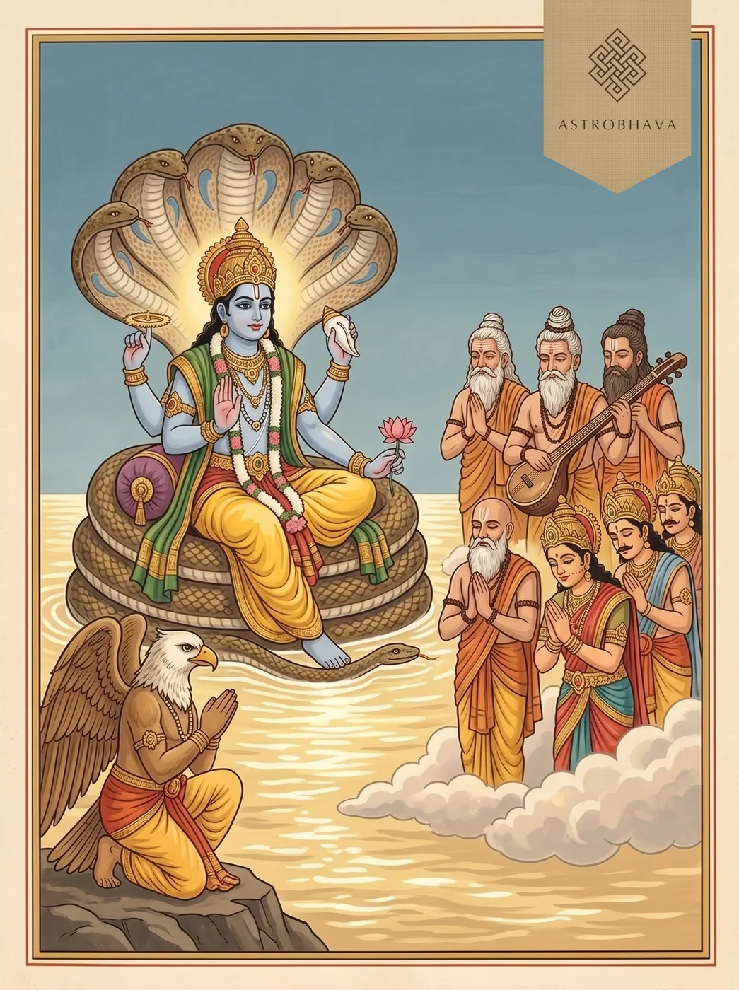 Hari Stotram: four-armed Vishnu on the serpent Ananta with Lakshmi at his left, praised by singing sages and gods on the milk ocean