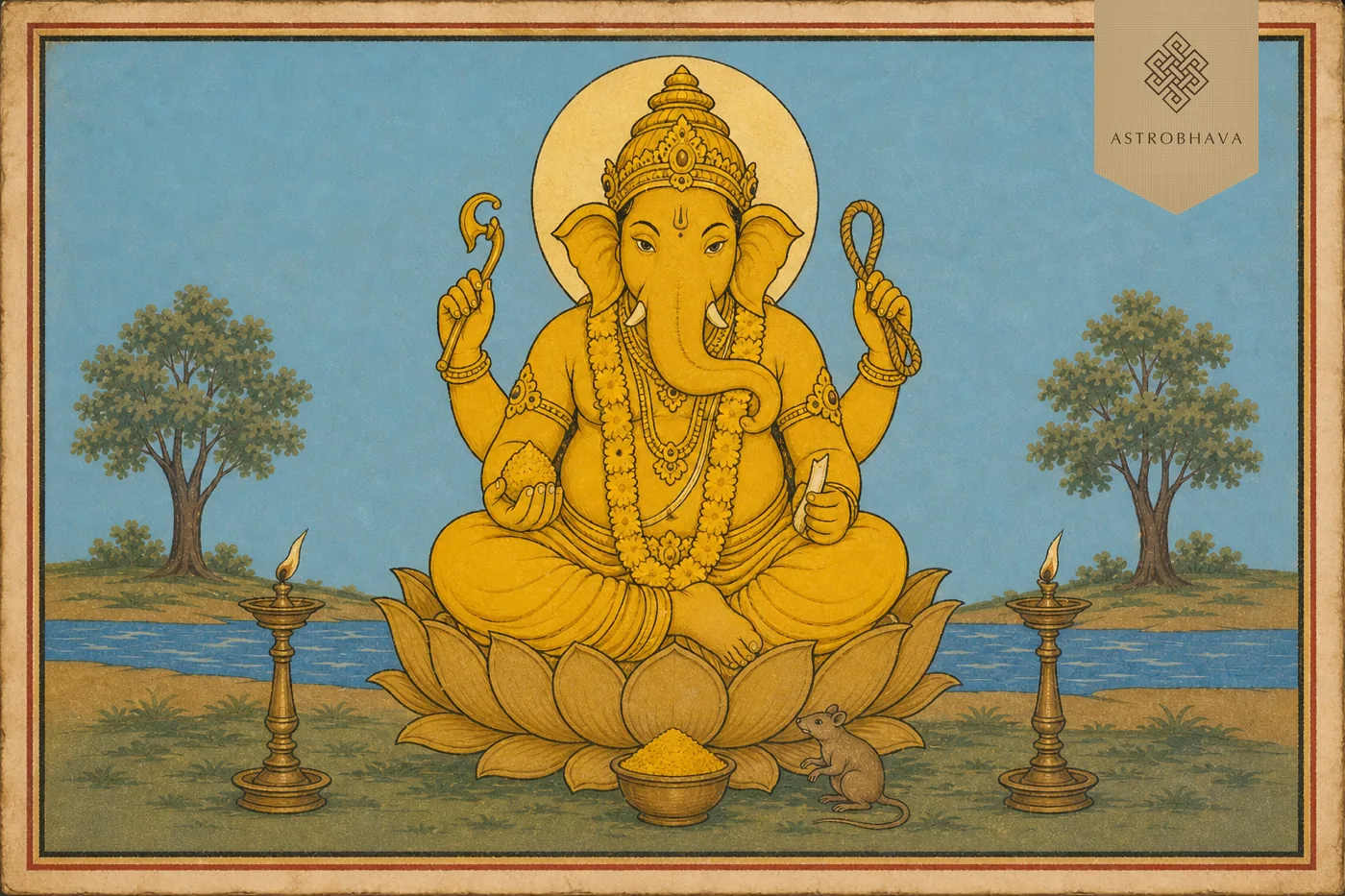 Vintage Indian devotional illustration of turmeric-yellow Haridra Ganapathi holding noose, goad, modaka and broken tusk