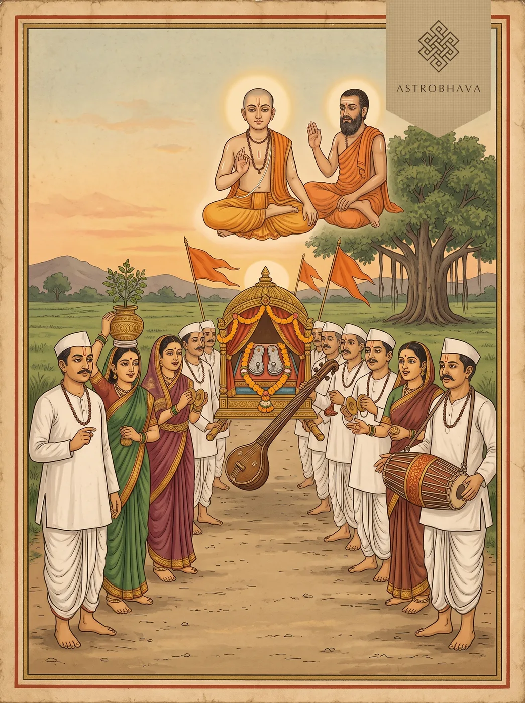 Haripath: Varkari pilgrims singing before Sant Dnyaneshwar's palkhi, Dnyaneshwar and Nivrittinath in the sky