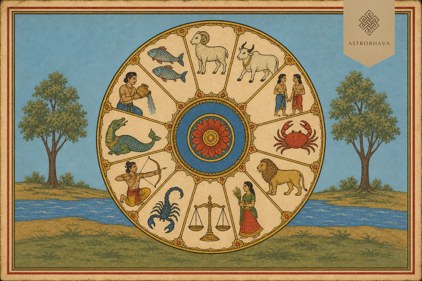 Vintage Indian horoscope illustration showing all twelve Vedic Rashi subjects in a coordinated zodiac wheel