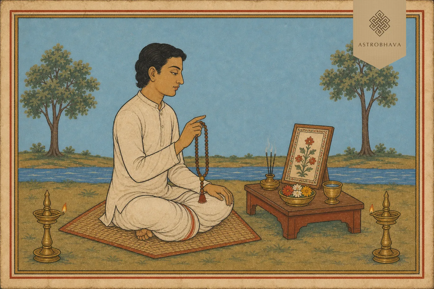 Vintage Indian devotional illustration of a seated practitioner using a rudraksha mala with a clean flower altar and disciplined chanting posture