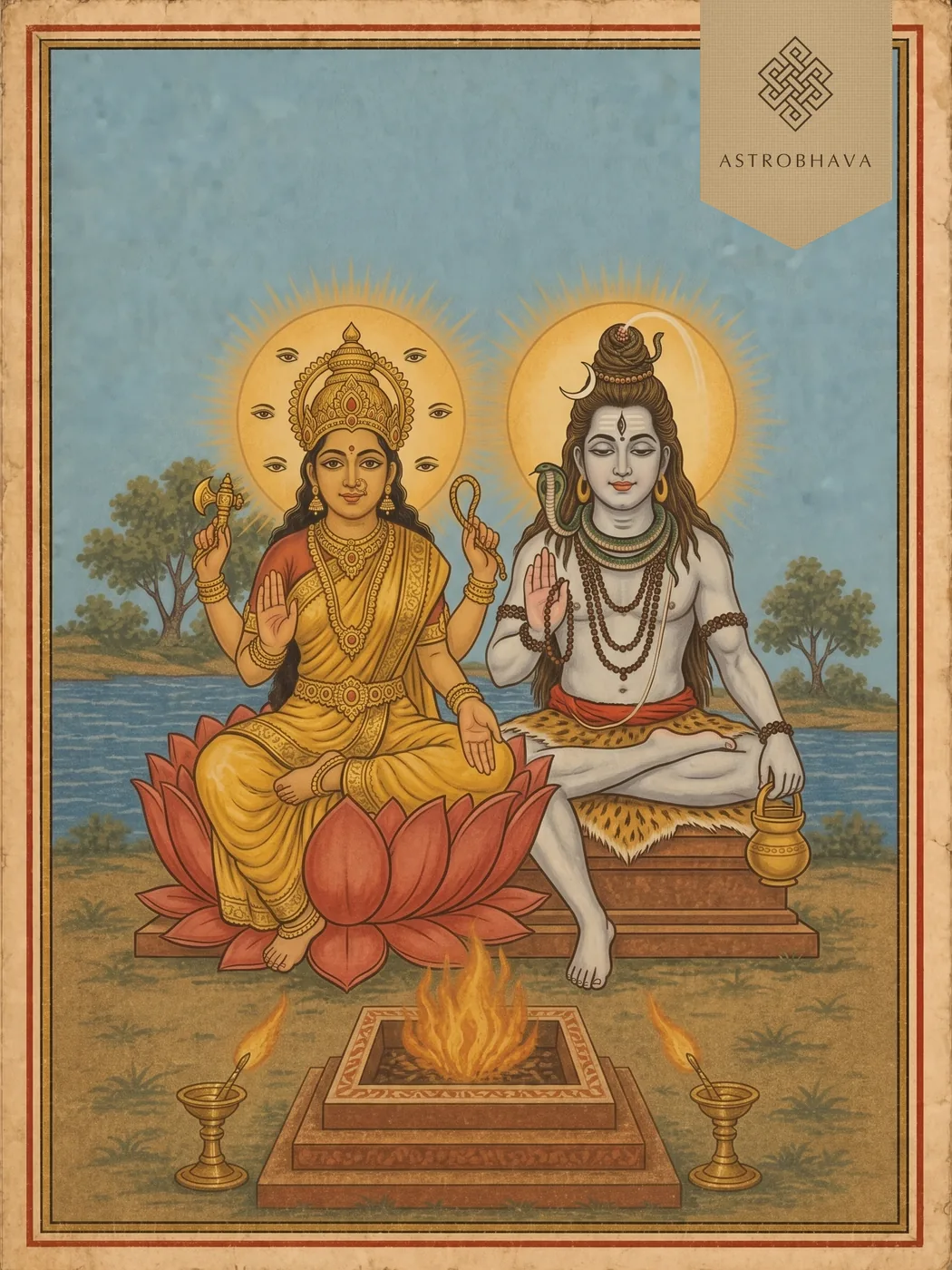 Indrakshi Shiva Kavacha Homa for health and recovery: Goddess Indrakshi with her vajra beside Lord Mrityunjaya Shiva