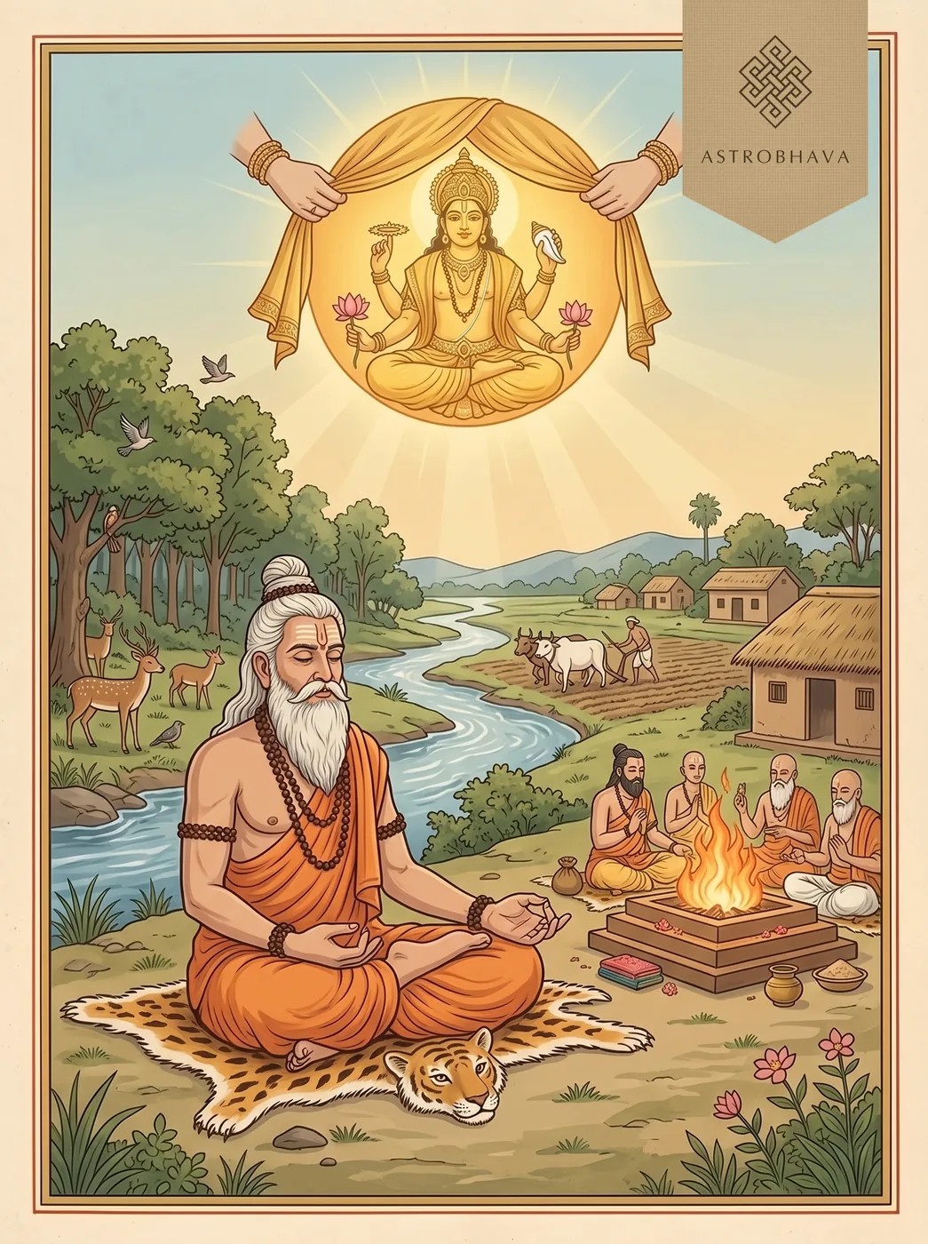 Isha Upanishad: an aged sage meditating beside the Vedic fire as the Sun draws back its golden lid over the living world