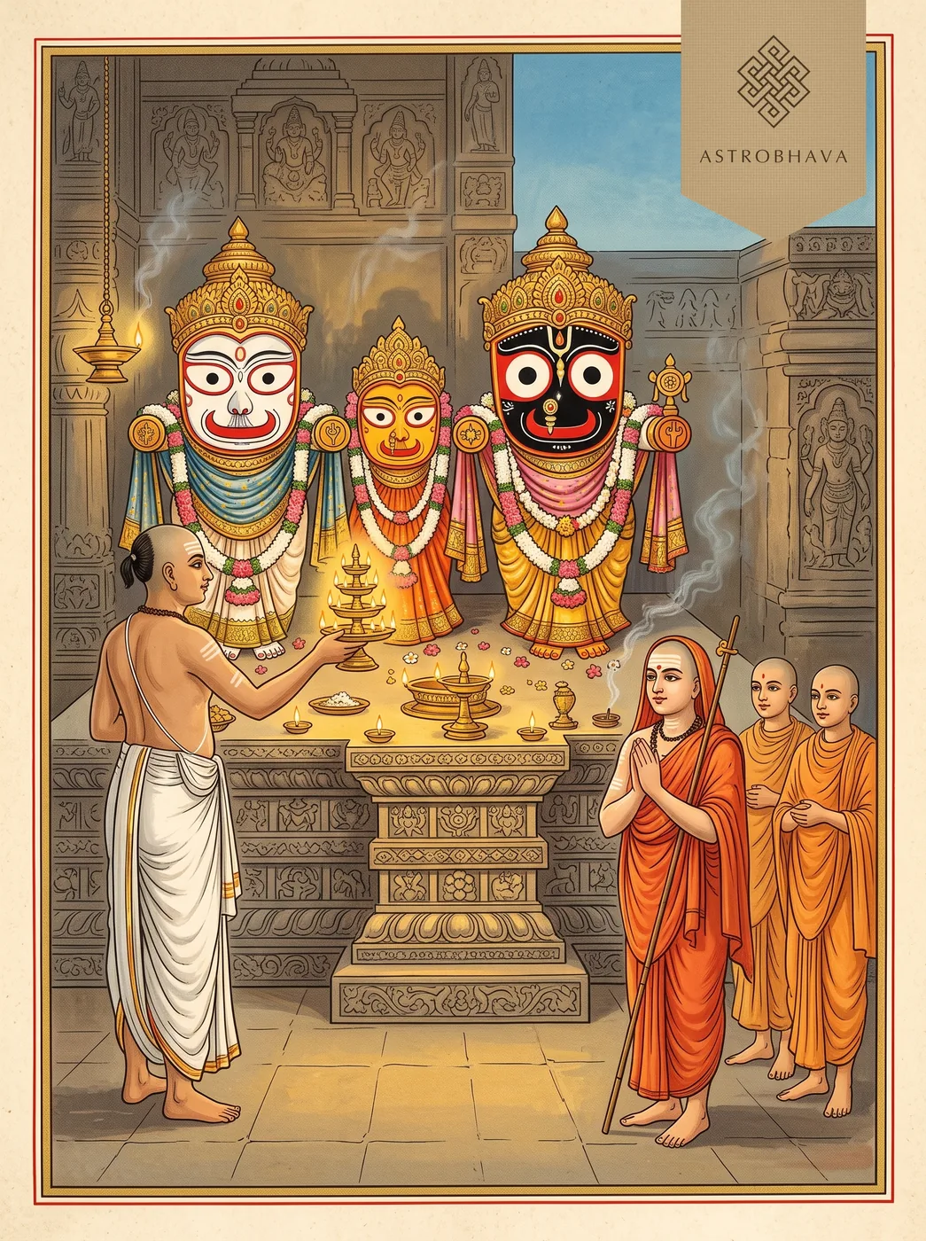 Jagannath Ashtakam: Adi Shankara with folded hands before Jagannath, Balabhadra and Subhadra at Puri