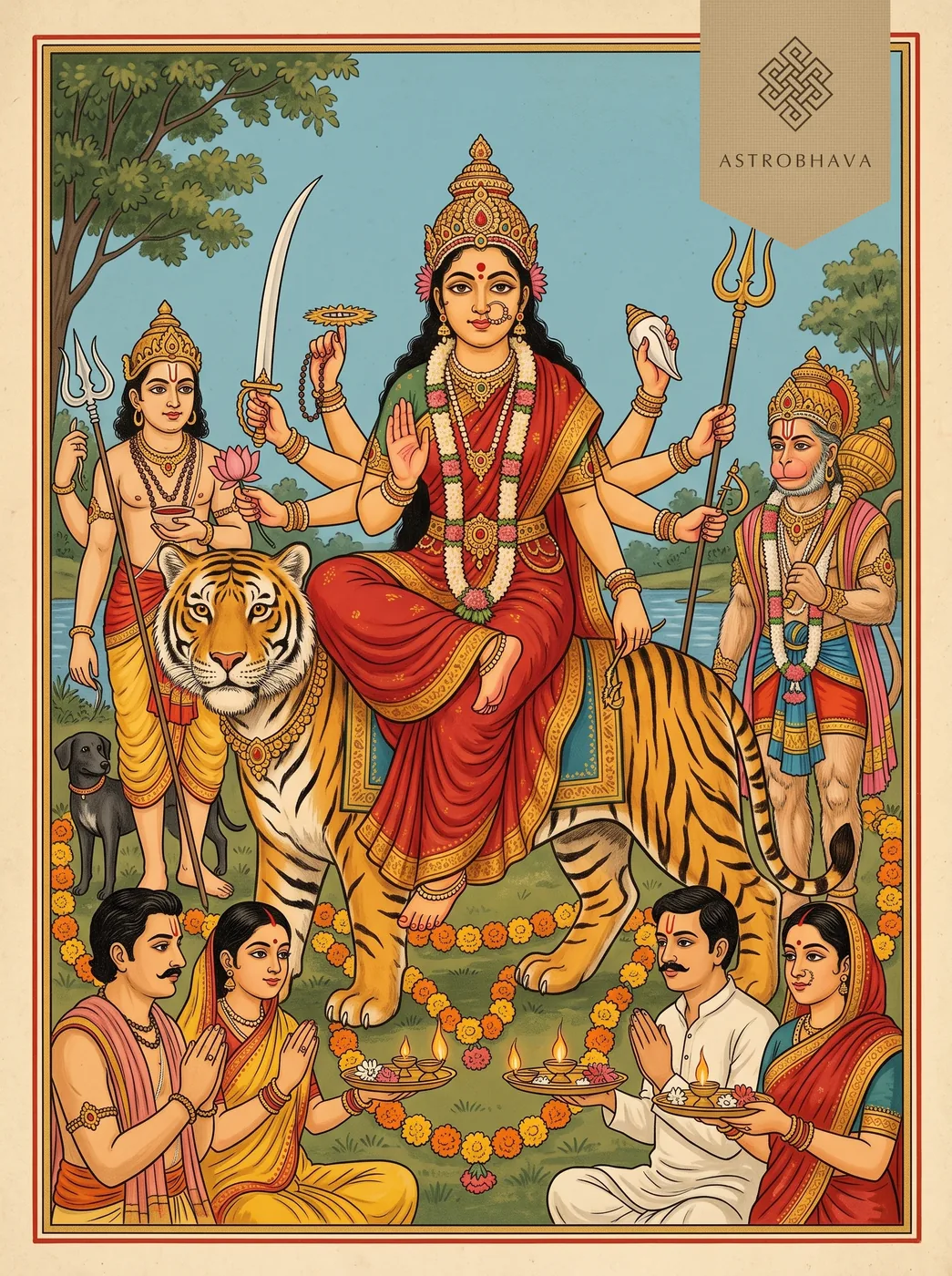 Jai Ambe Gauri Aarti: eight-armed Goddess Ambe on a tiger with Bhairava and Hanuman as devotees hold aarti lamps
