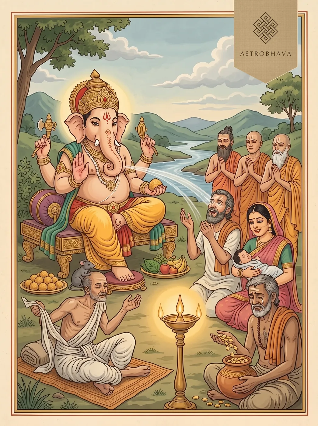 Jai Ganesh Deva Aarti: one-tusked Ganesha granting sight to the blind, health to the sick, a child to the childless and wealth to the poor
