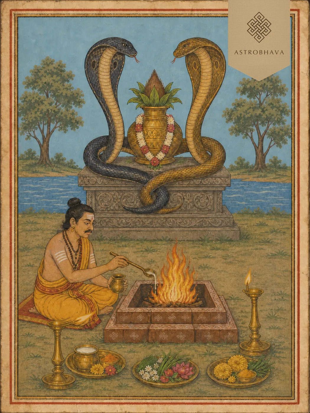 Vintage deity-neutral devotional illustration of two inward-facing cobras surrounding a kalasha for Kaala Sarpa Dosha Shanti Homa