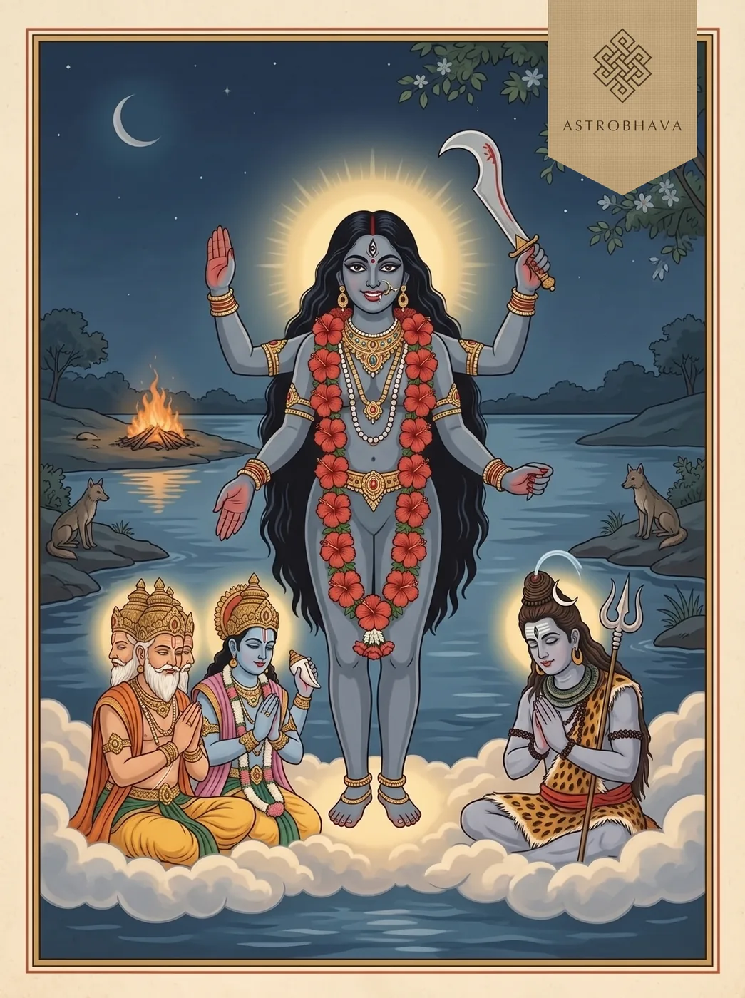 Kali Ashtakam: Brahma, Vishnu and Shiva bowing with joined palms before four-armed Kali on the burning-ground at night