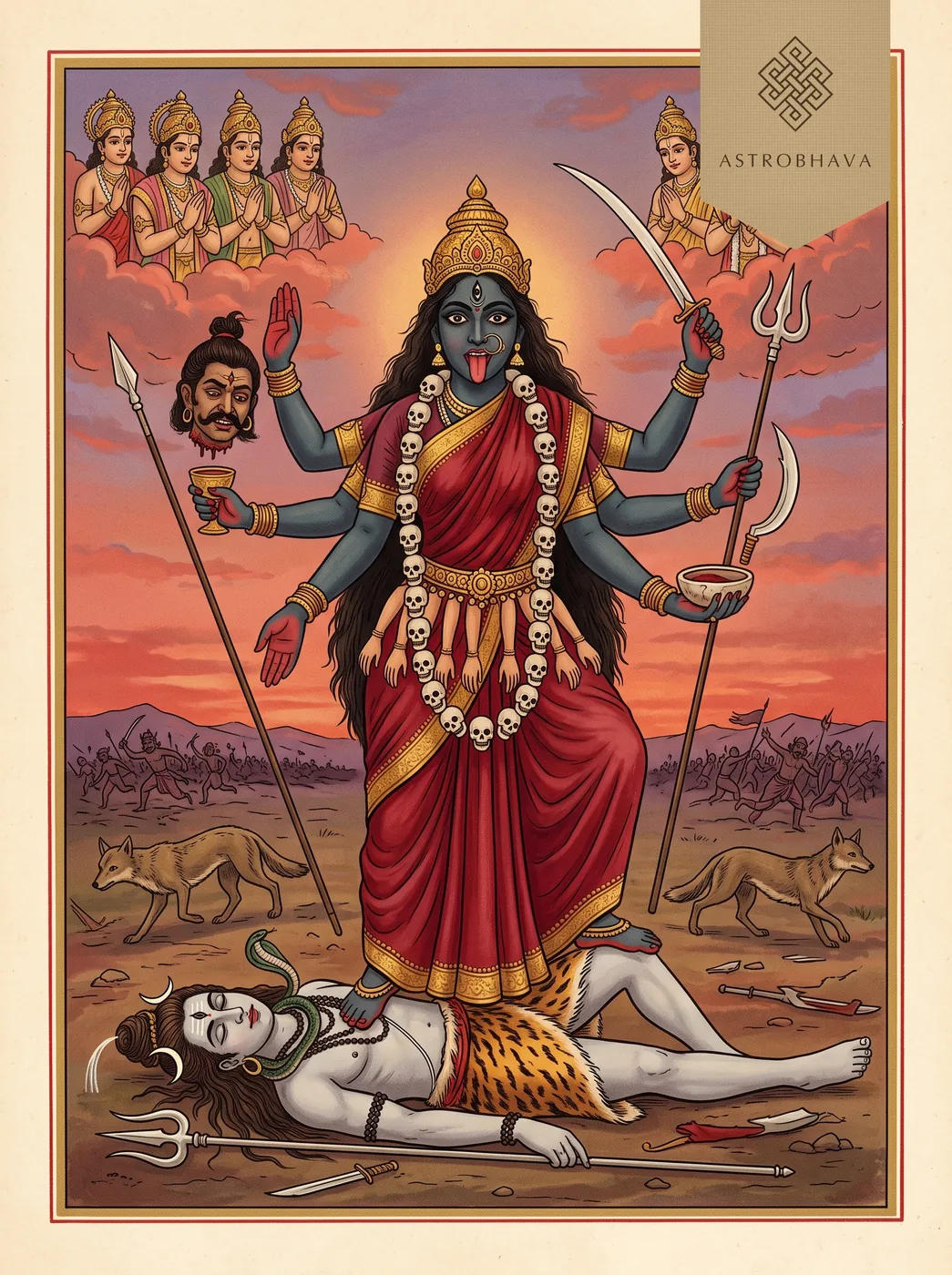 Kali Chalisa: eight-armed Kali on the battlefield, her tongue out as her foot touches Shiva lying in her path