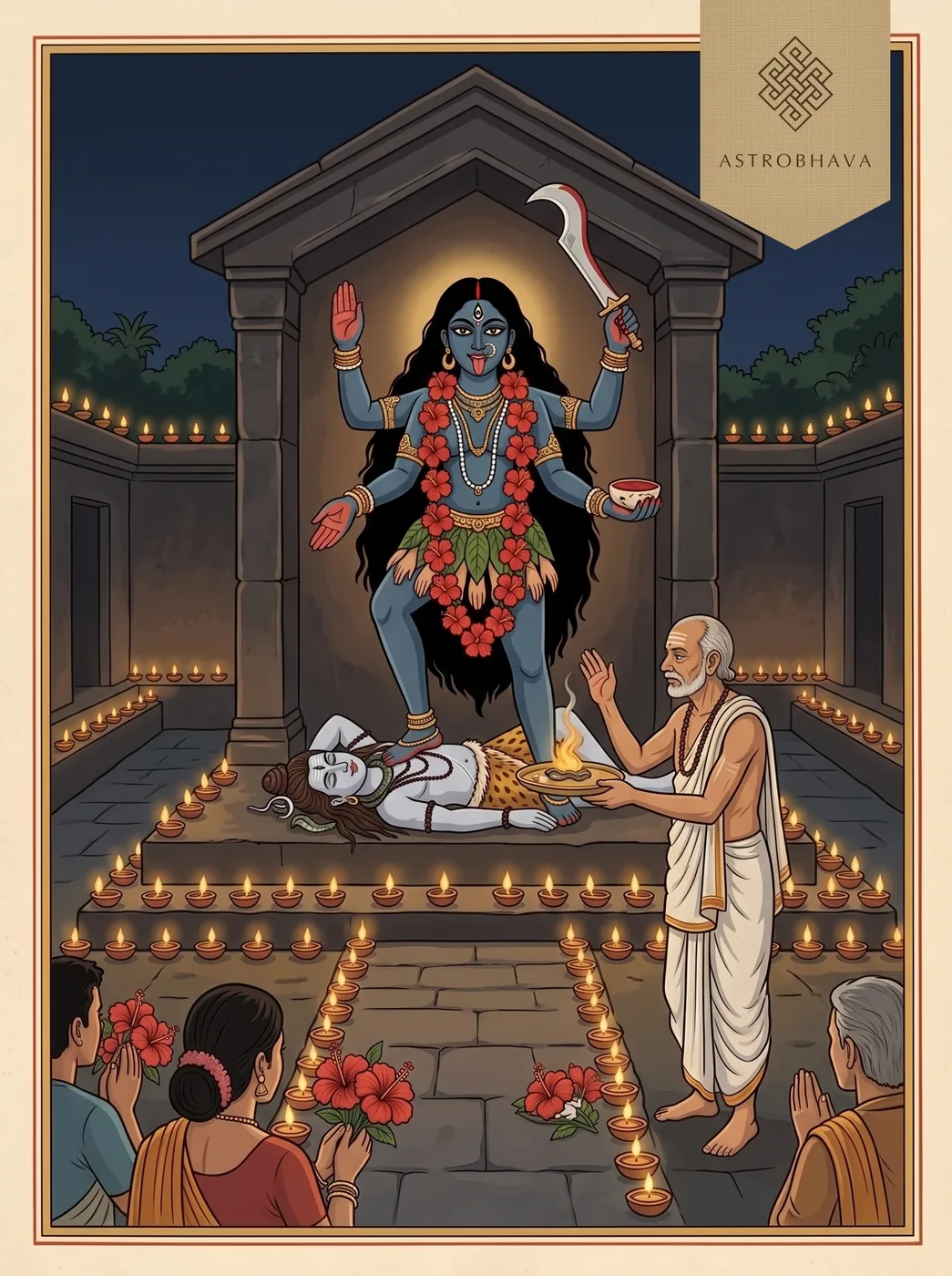Kali Mantra: a priest waving a camphor flame and devotees offering red hibiscus before four-armed Kali on a new-moon night