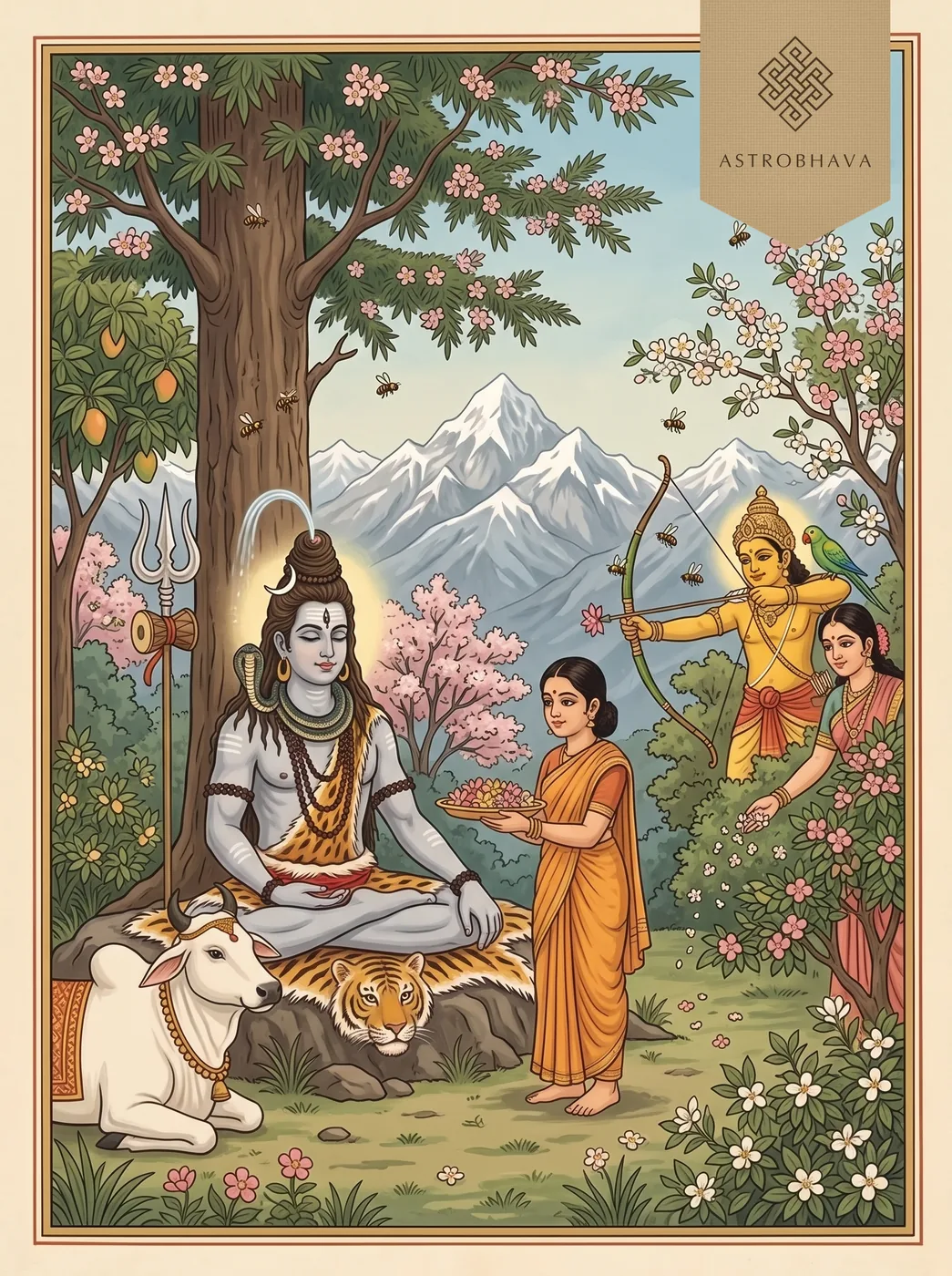 Kamadeva Mantra: Kama drawing his sugarcane bow at the meditating Shiva in a flowering Himalayan forest as Rati and Parvati look on