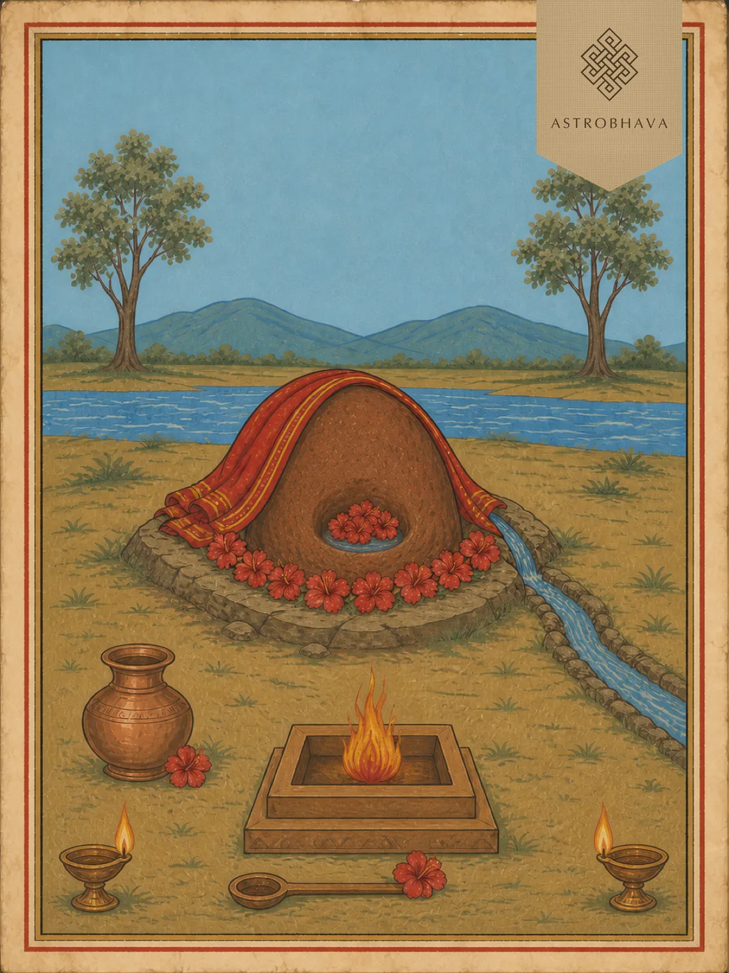 Vintage devotional illustration of the aniconic Kamakhya sacred stone with spring water, red cloth and hibiscus behind a Homa altar