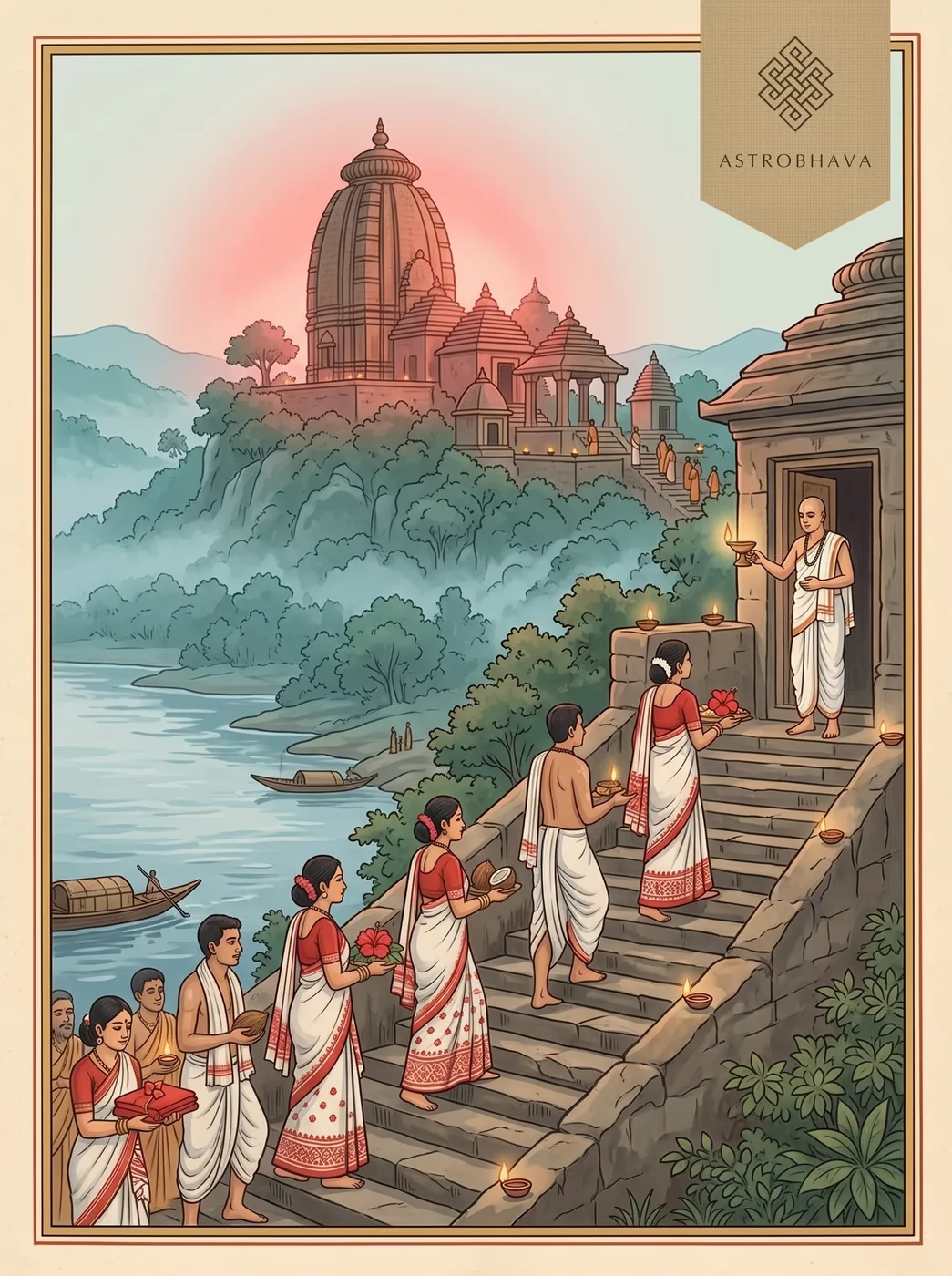Kamakhya Mantra: pilgrims climbing Nilachal hill above the Brahmaputra at dawn with red cloth and lamps to the Goddess's temple