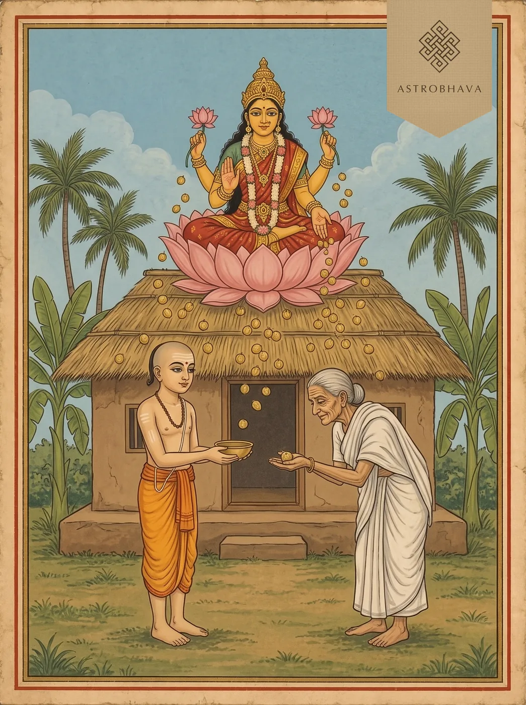 Kanakadhara Stotram: boy Adi Shankara receiving a dried amla from a poor woman as Lakshmi showers golden amlas