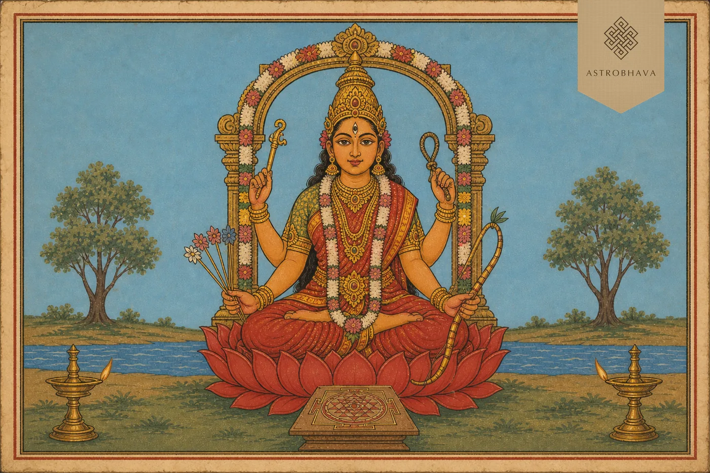 Vintage Indian devotional illustration of Kanchi Kamakshi seated in padmasana with sugarcane bow, five flower arrows, noose, goad and Sri Chakra