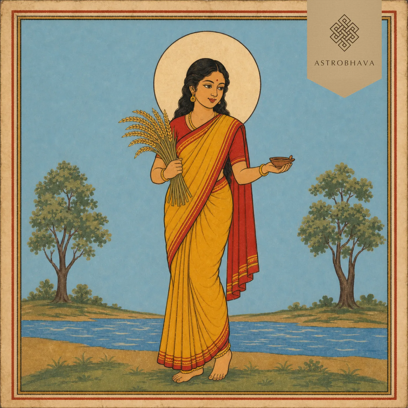 Vintage Indian devotional-calendar illustration of the Kanya Virgo maiden holding grain and a clay lamp beside a river