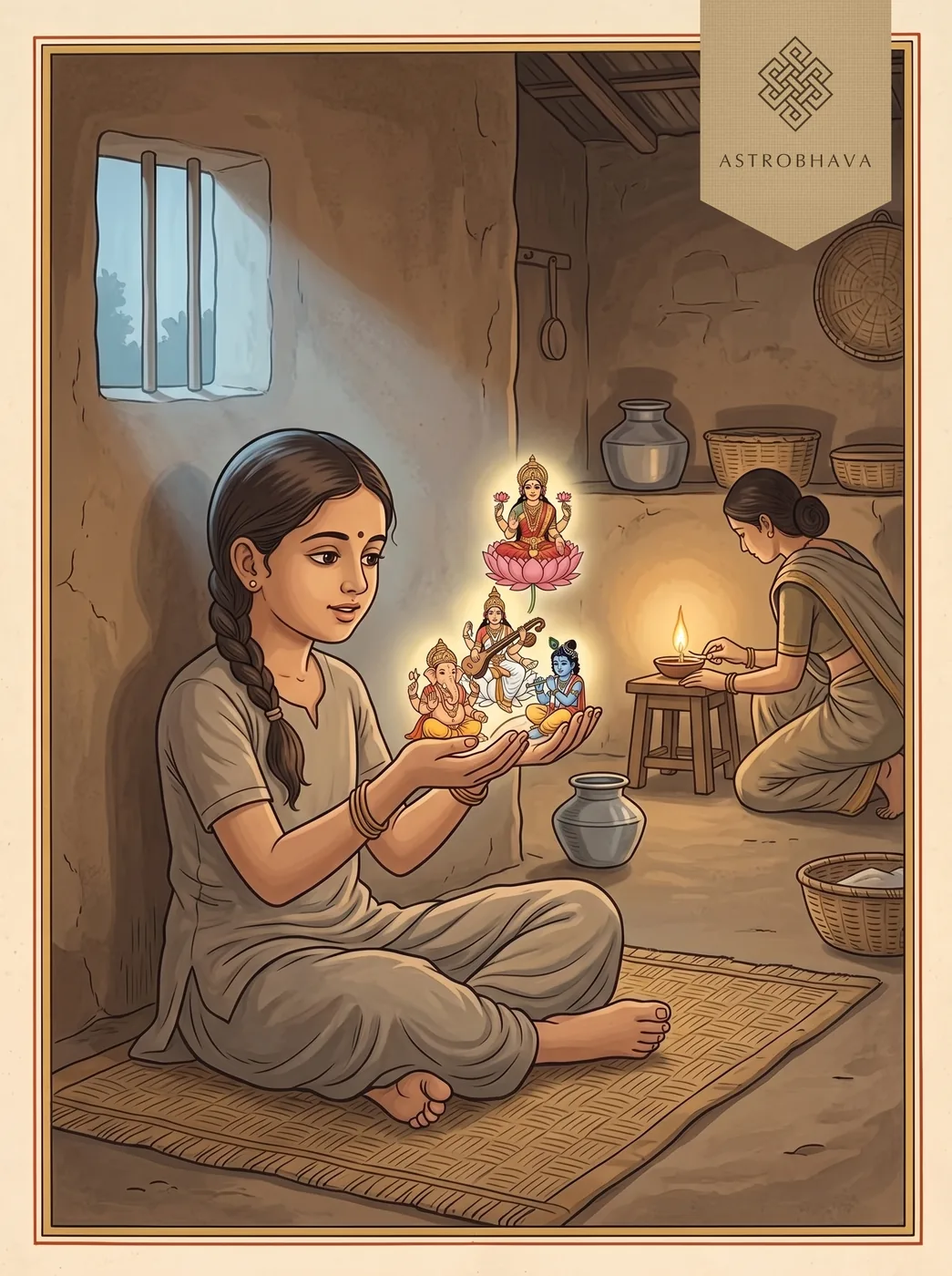 Karagre Vasate Lakshmi: a child at dawn gazing into her palms, with Lakshmi at the fingertips, Saraswati in the palm and Govinda at the wrist