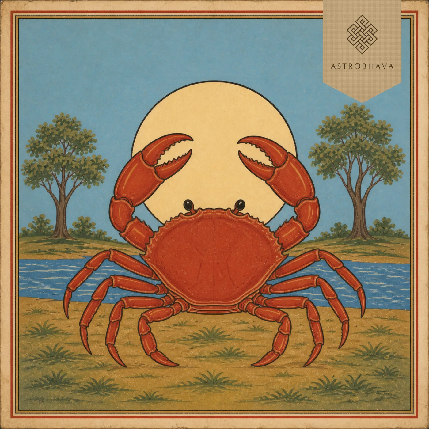 Vintage Indian devotional-calendar illustration of the Karka Cancer red crab on a riverbank in a coordinated Vedic zodiac series