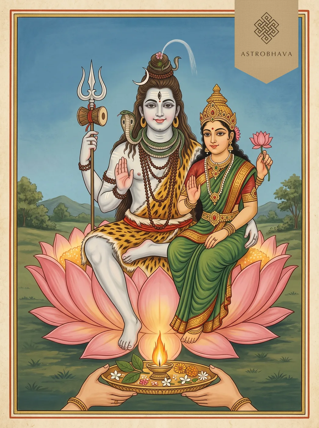 Karpura Gauram Mantra: camphor-white Shiva with a serpent garland and Parvati on a lotus, a camphor flame below