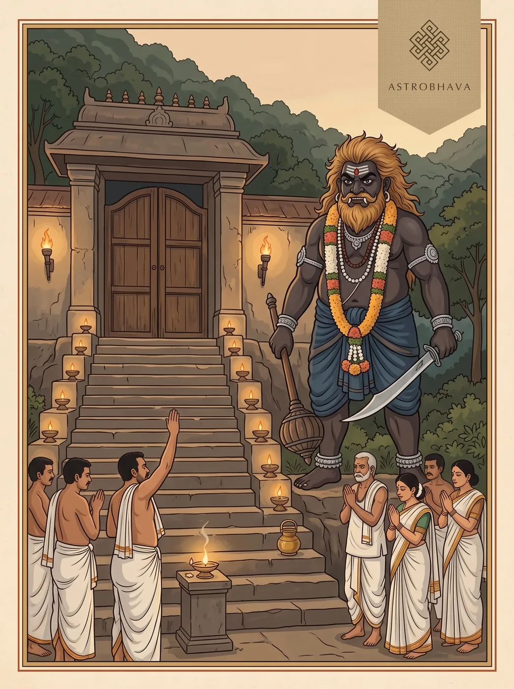 Karuppasamy Mantra: the dark guardian with mace and sword standing at the temple's eighteen steps as villagers swear an oath below