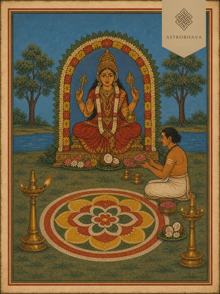 Vintage Kerala Bhagavathi Seva illustration with a traditional colored-powder kalam, priest and inward-facing nilavilakku lamps