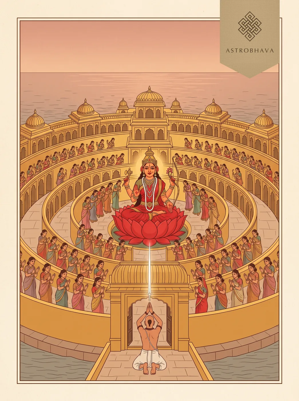Khadgamala Stotram: red-hued Lalita enthroned at the heart of her courts of goddesses as a kneeling devotee receives a sword of light