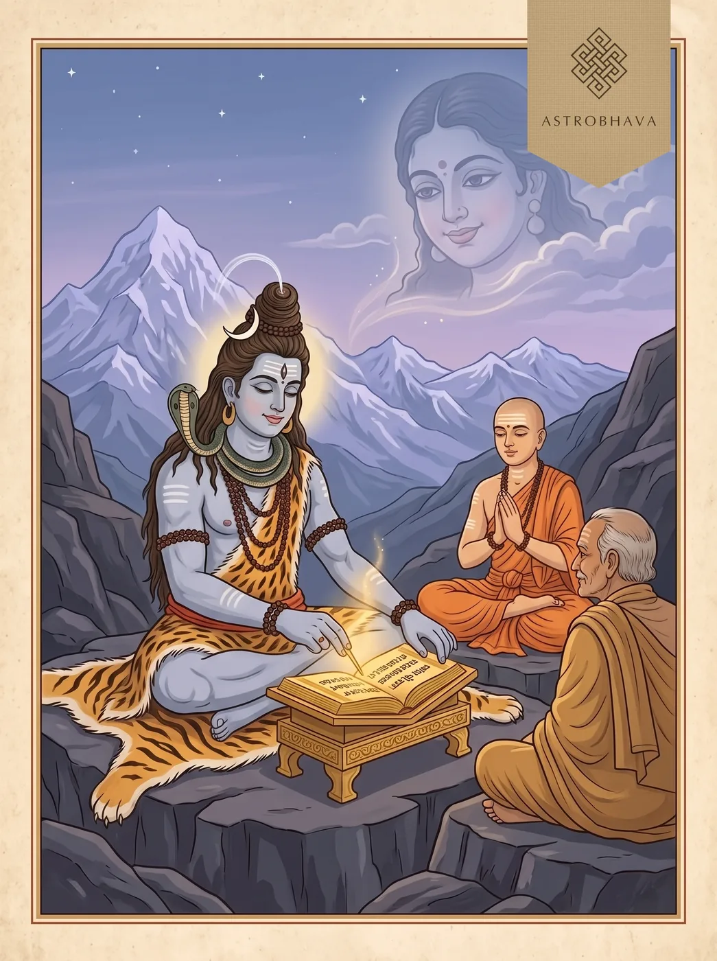 Kilak Stotram: Shiva on Kailasha sealing the Saptashati manuscript with a golden pin as the sage Markandeya tells of it