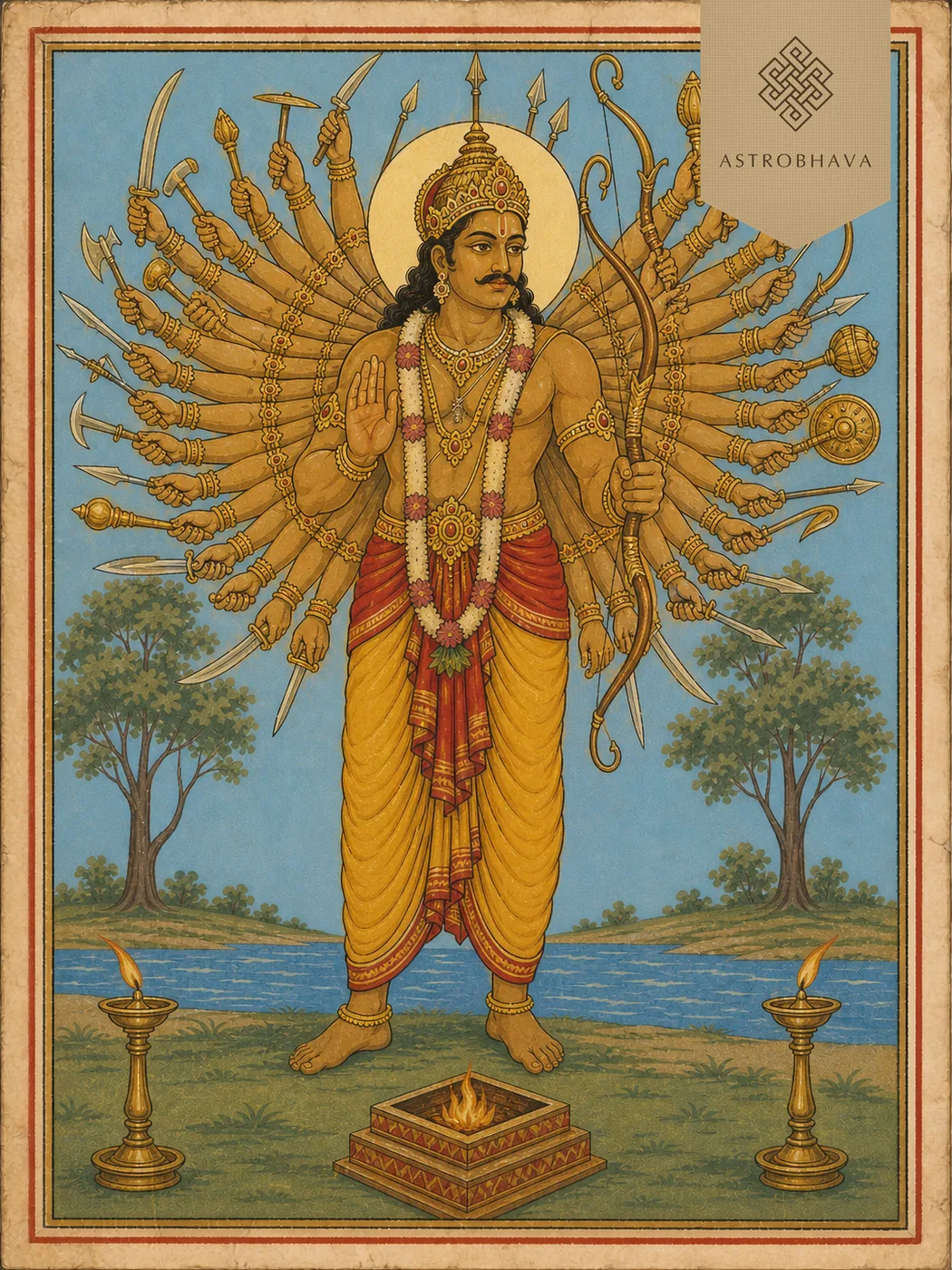 Vintage devotional illustration of King Kartavirya Arjuna with a symbolic fan of many weapon-bearing arms