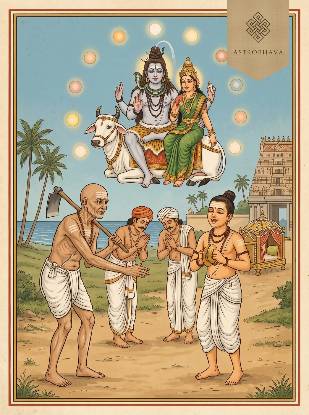 Kolaru Pathigam: boy saint Sambandar singing with golden cymbals as Appar holds him back and Shiva and Uma ride Nandi