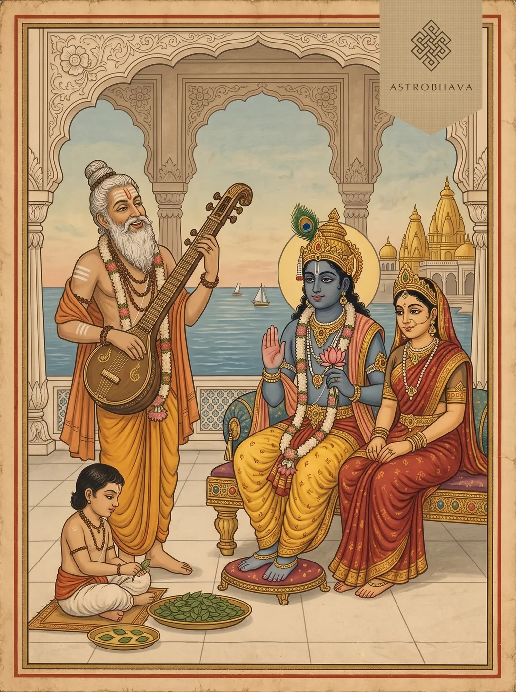 108 Names of Krishna: sage Narada singing Krishna's names with his veena at Dwaraka as Krishna and Rukmini listen, for the Krishna Ashtottara Shatanamavali