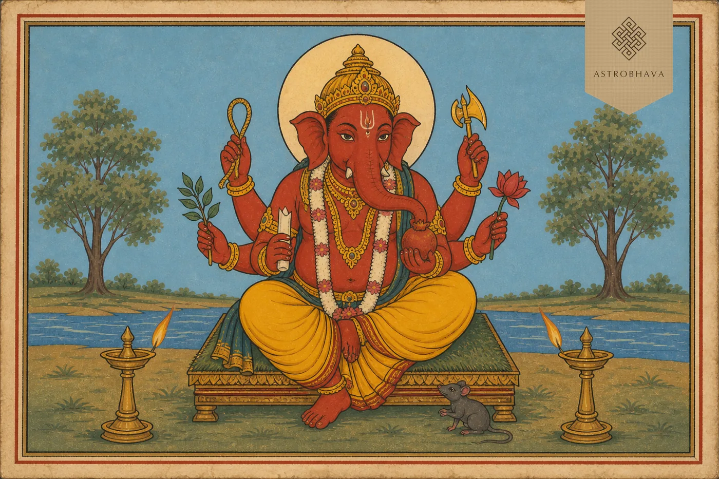 Vintage Indian devotional illustration of six-armed red Kshipra Prasada Ganapathi seated on a sacred kusa-grass throne