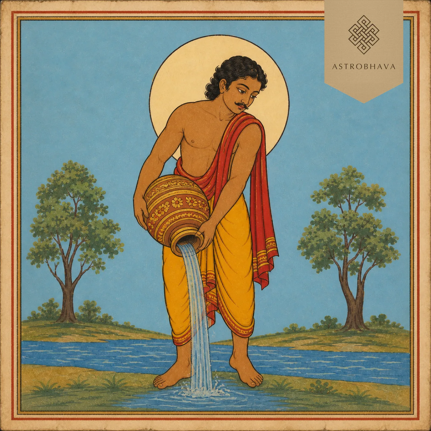 Vintage Indian devotional-calendar illustration of the Kumbha Aquarius water bearer pouring a pot beside a river