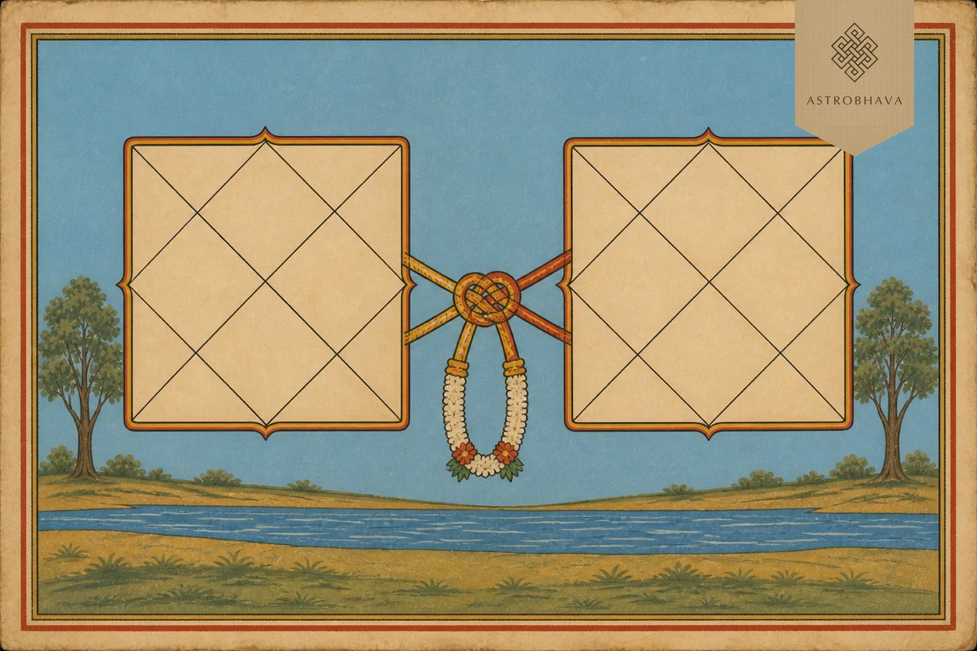 Vintage Indian astrology illustration of two compatible Kundli birth charts joined by a red-and-gold auspicious wedding knot