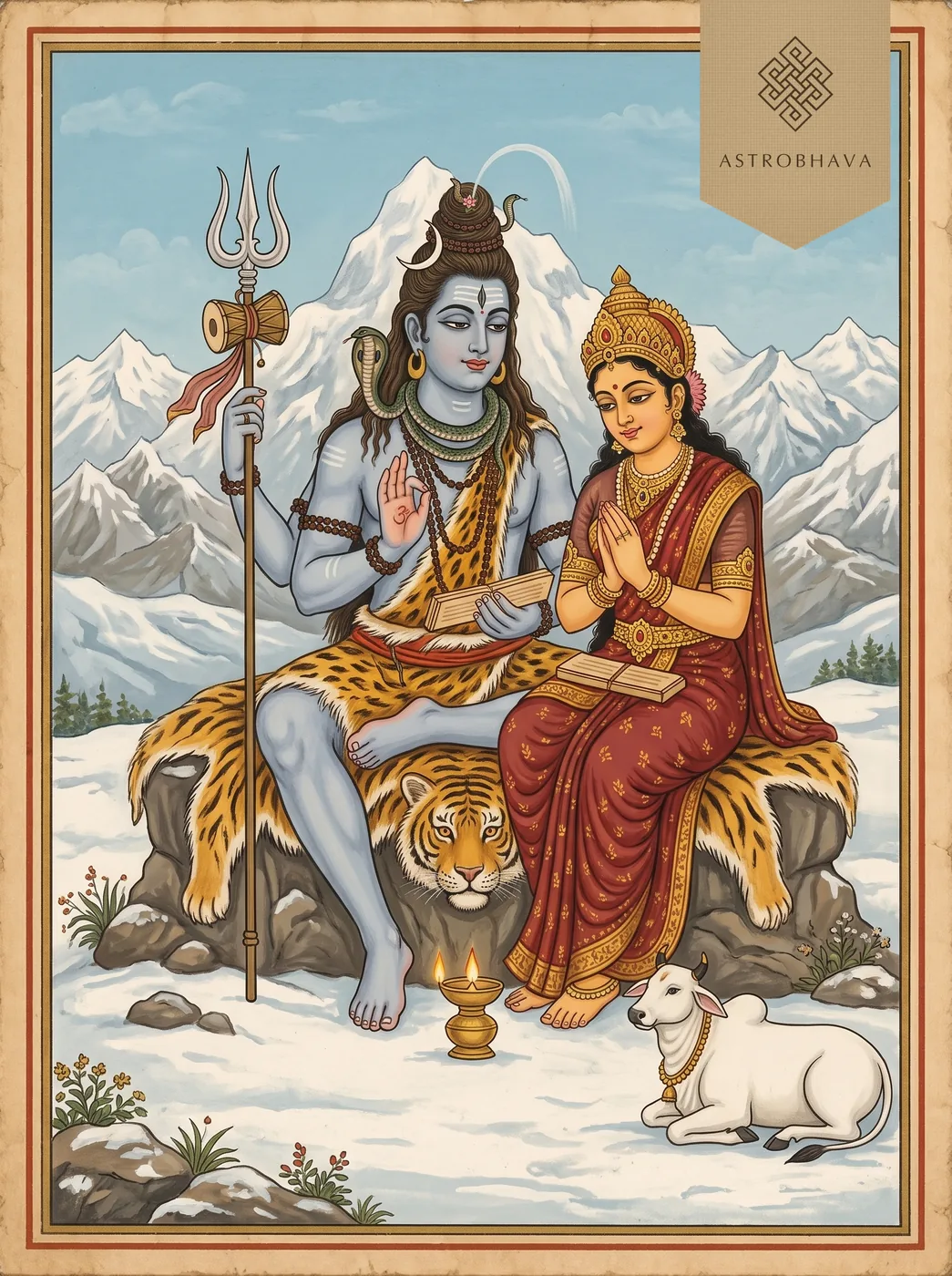 Siddha Kunjika Stotram: Lord Shiva teaching Goddess Parvati on Mount Kailash beside a brass lamp, Nandi resting below