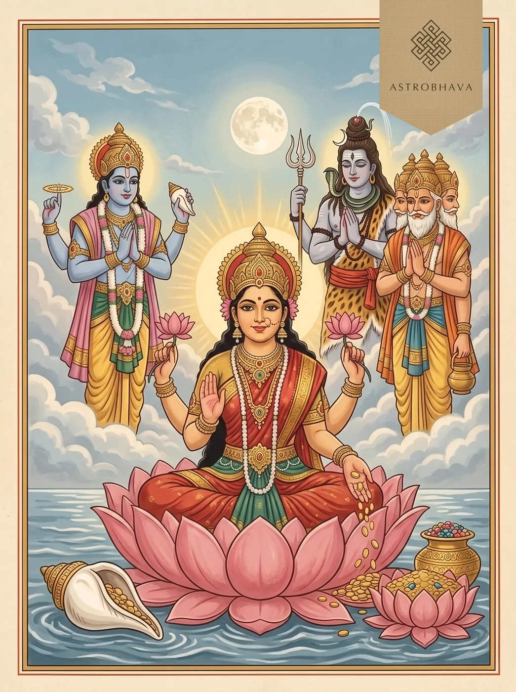 Lakshmi Ashtothram: four-armed Lakshmi on a lotus over the milk ocean, served by Vishnu, Shiva and Brahma
